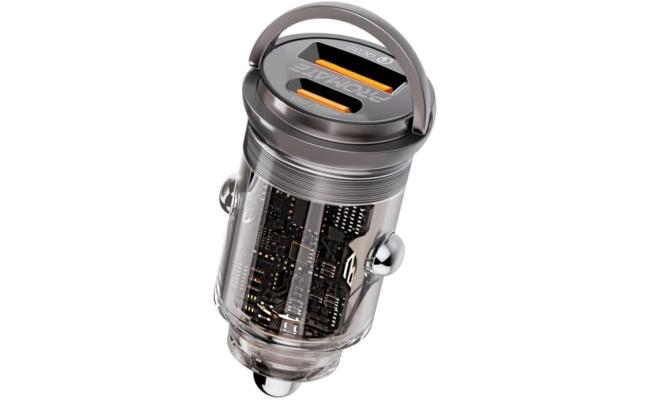 Promate Car Charger, Transparent 65W Ultra-Compact Car Adapter with USB Type-C Power Delivery Port, USB-A Port, Mini Handle and Heat Protection compatible for iPhone 17, Galaxy 23